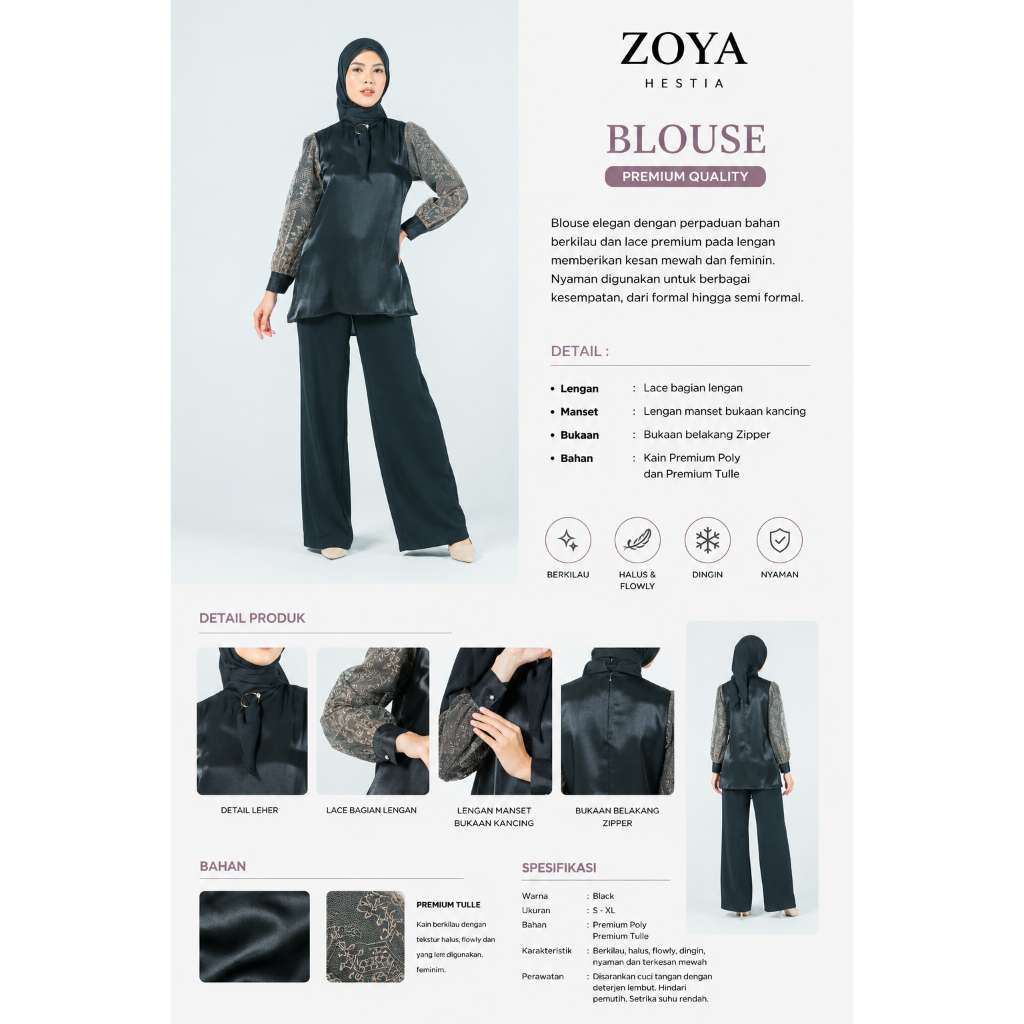 ZOYA Hestia Blouse Tunic Black - Baju Atasan Tunik Polos Muslim Wanita Wudhu Friendly Bahan Premium 