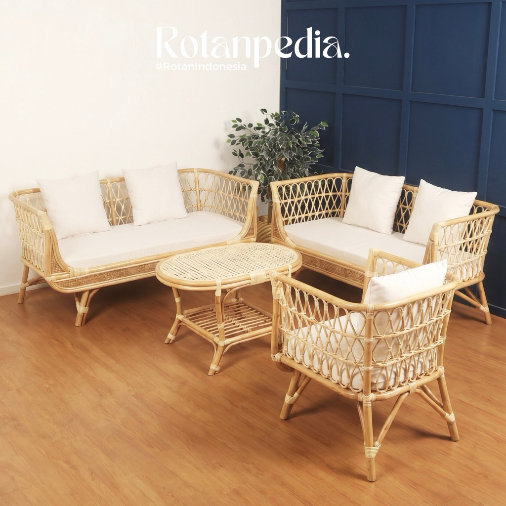 SET Kursi Sofa Banch Rotan Asli Minimalis / Sofa Tamu Panjang Rotan / Kursi Sofa Sandaran Rotan / So