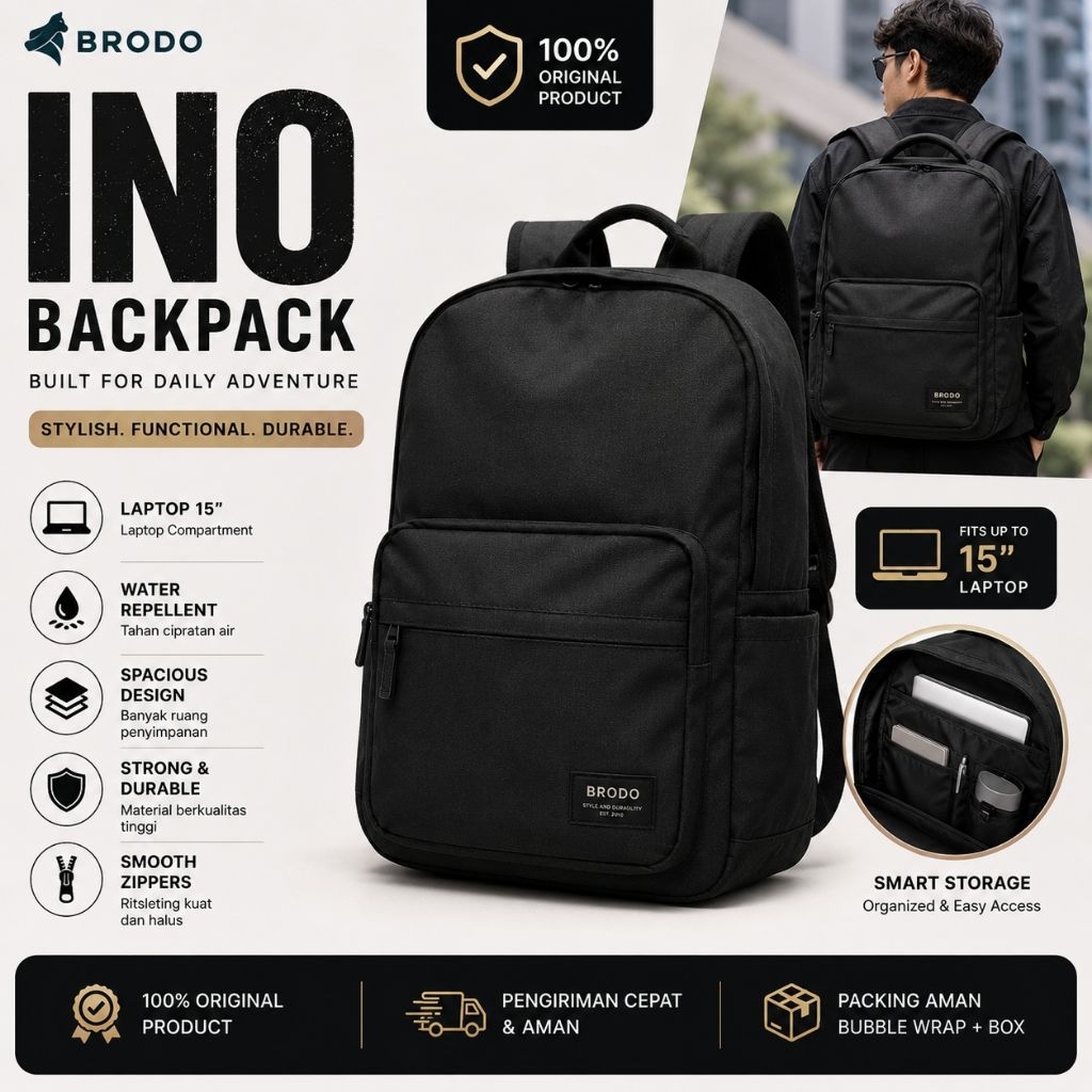 Tas Ransel Pria Hitam BRODO Ino Backpack - Tas Laptop Kuliah Kerja Original