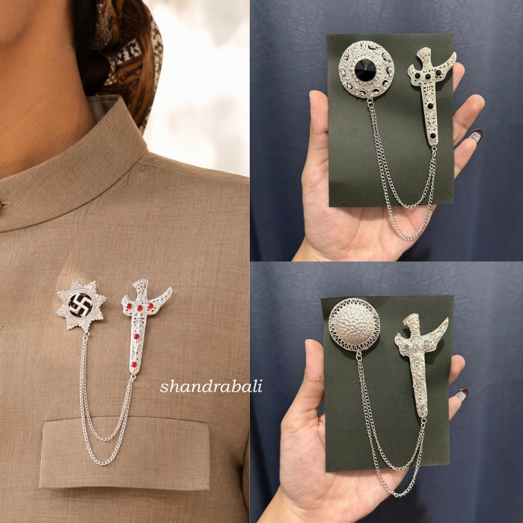 Shandra Bali - Bros / Pin Rantai Untuk Pria Motif Keris Swastika Bulat Warna Silver Perak Alpaka