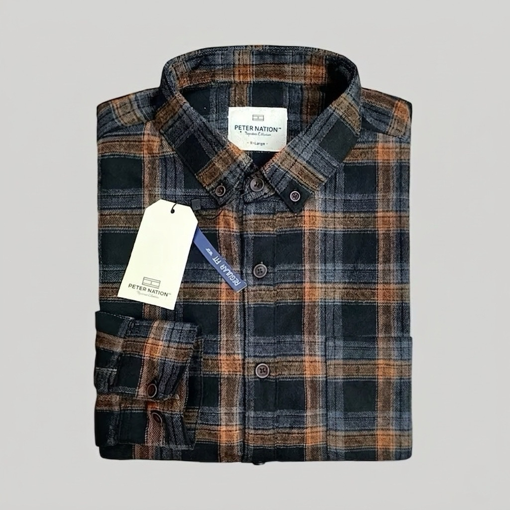 Peternation kemeja flanel pria wool basic panjang regular fit FN1010