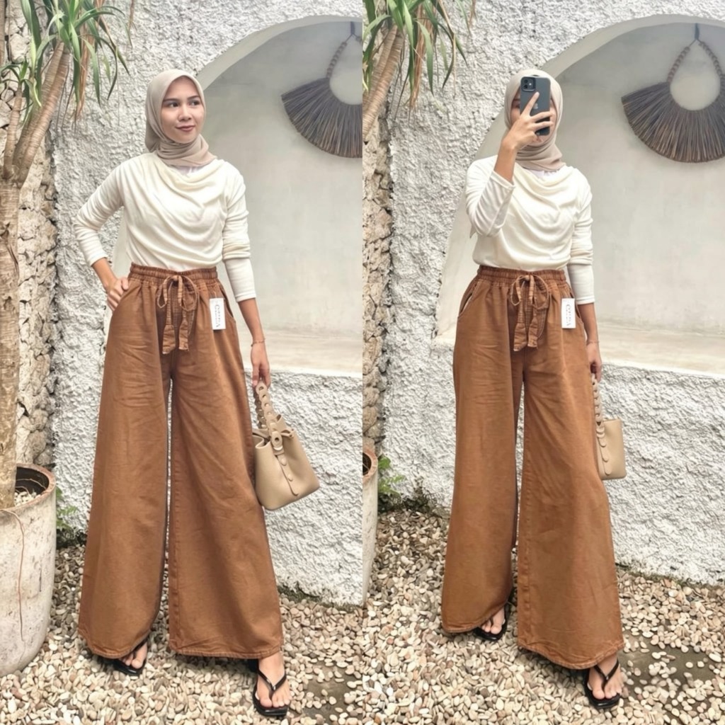 Kulot Jeans Pinggang Karet, Kulot Jeans Putih Hitam, Kulot Mozza Pinggang Karet Sage Cream Mocca Fus