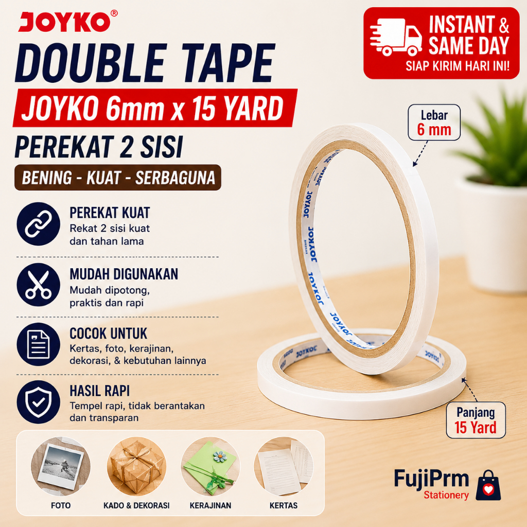 Double Tape Joyko 6mm x 15 Yard Perekat 2 Sisi Bening Original | Lakban Double Tipis Kuat Untuk Kera