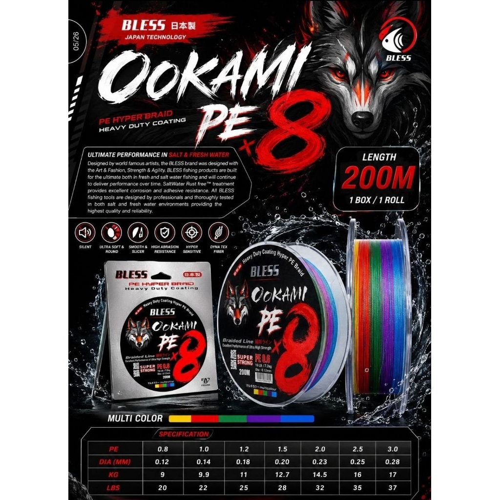 Senar PE Bless Ookami PE X8 200 Meter Multicolor