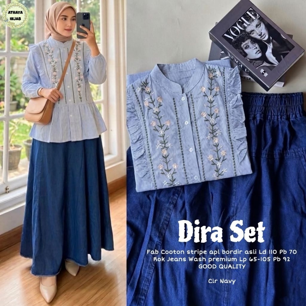 Dira Set Rok Jeans Mix Katun Salur Bordir Bunga (Athaya)
