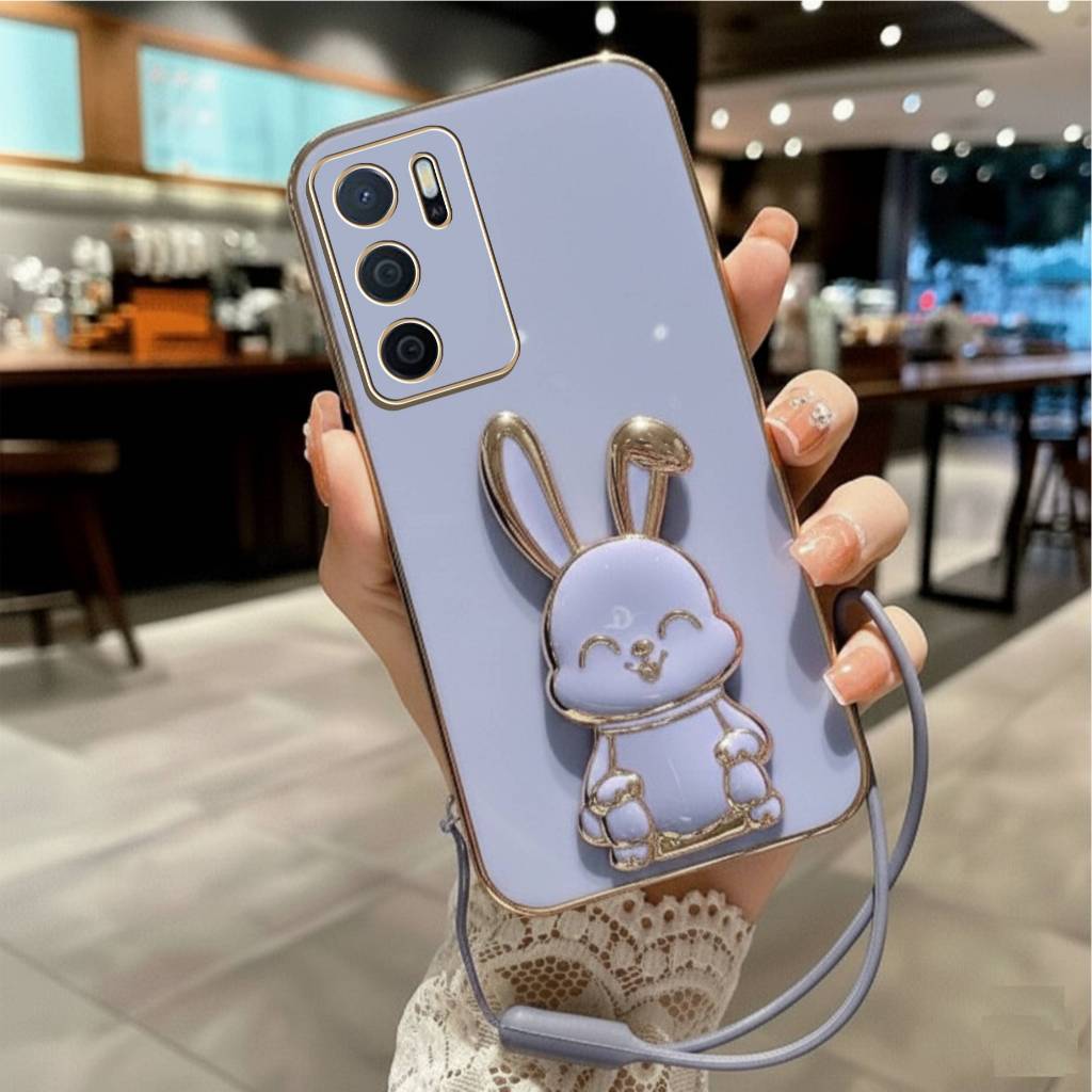 Soft Case Oppo A16 Casing Elektro Plating Bunny Hollder Free Tali Gantungan