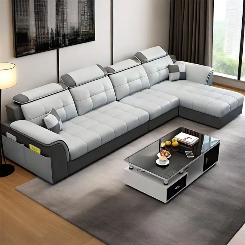 Sofa Sudut L Kulit Asli - Desain Mewah Modern untuk Ruang Tamu