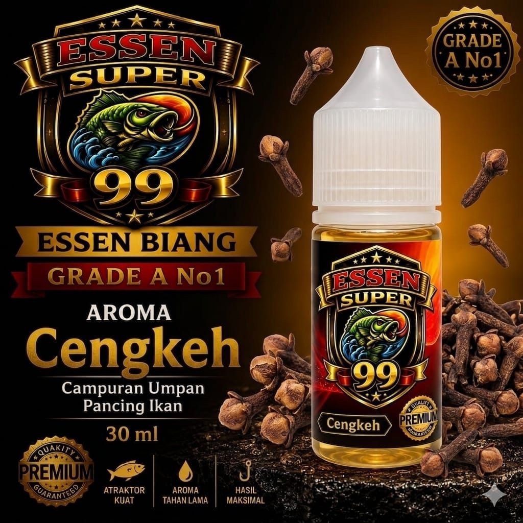 Super 99 Biang Essen Cengkeh Umpan Pancing Ikan Aroma Grade A Kualitas No.1 Kemasan 30ml