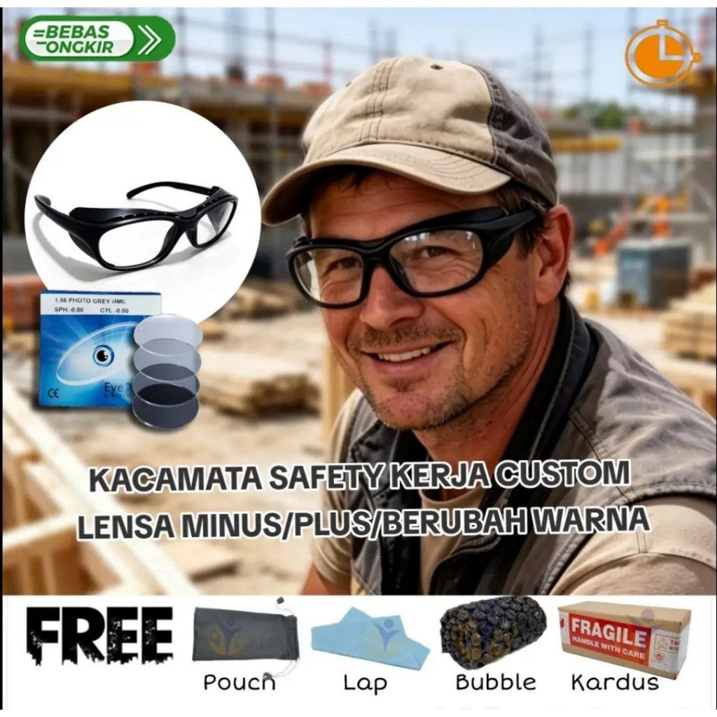 Kacamata Safety Perlindungan mata saat Kerja Custom Hitam, Lensa Minus/Plus/Berubah Warna, Gratis Po