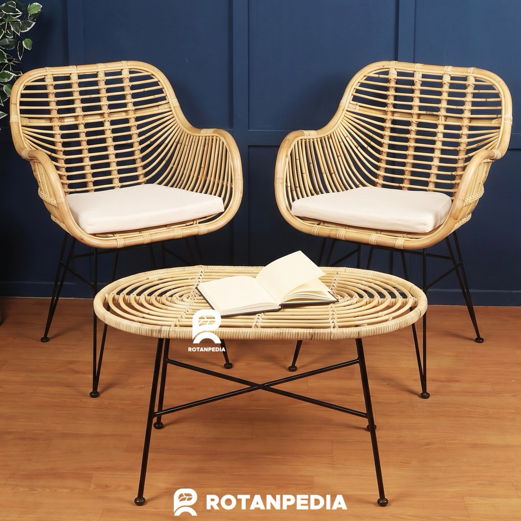 Kursi Teras Rotan Minimalis Rangka Besi 1 Set / Kursi Cafe / Kursi Makan - Rotanpedia
