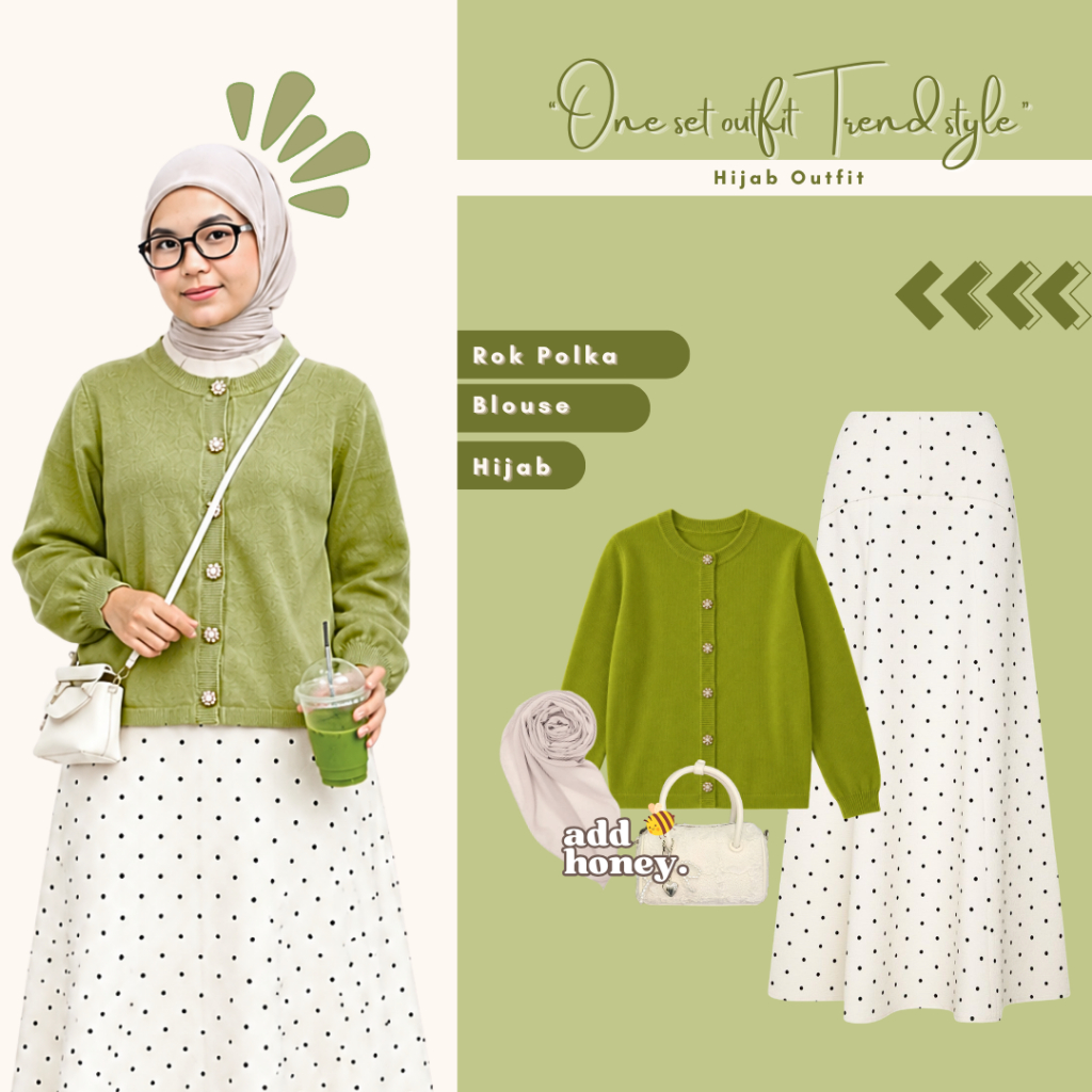 Outfit Style Kekinian Cardigan Korean Style Kekinian (Hijab + Cardigan + Rok Polka) OOTD Hangout AH1