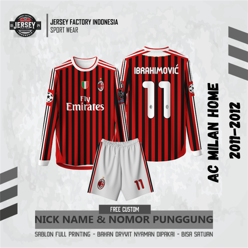 Jersey Bola AC MILAN HOME 2011-2012 Free custom nama dan nomor untuk dewasa dan anak anak Full Print