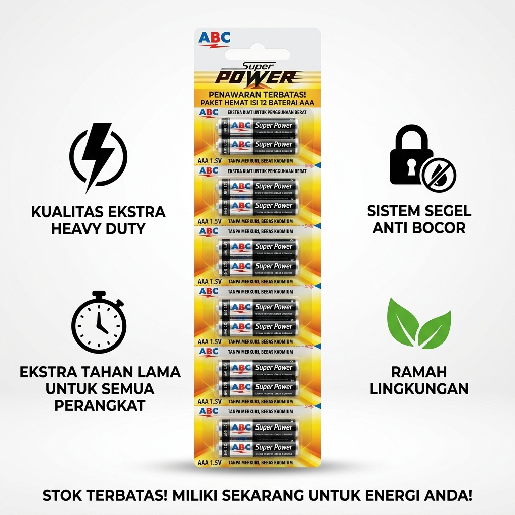 ABC Baterai Super Power AAA 1.5 Volt Original Super Power Tidak Mengandung Merkuri Satu Renceng Isi 