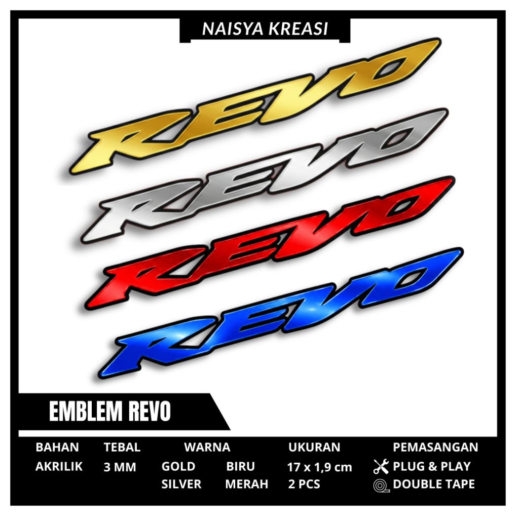 Emblem REVO 3D Logo Timbul 2 PCS – Aksesoris Motor Revo Fit Revo X Revo Absolute – Bahan Tebal Berku