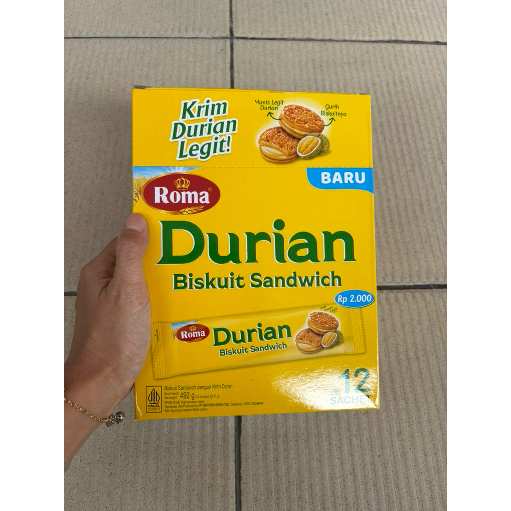 Agen distributor makanan ringan snack cemilan biskuit roma durian biskuit sandwich pack isi 12sachet