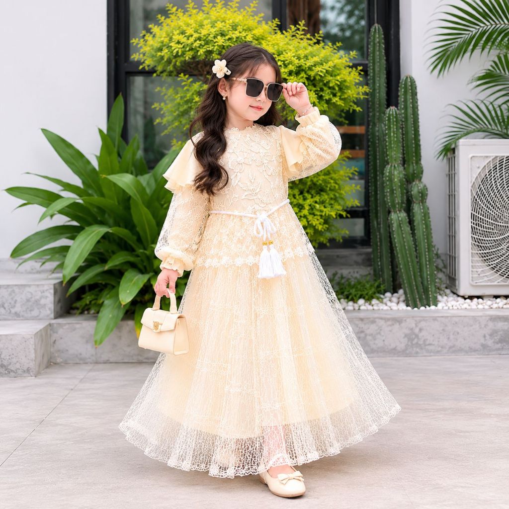 3-10tahun Dress Pesta Gamis Muslimah Ivory Premium Brokat Tulle Baju anak perempuan trend kekinian