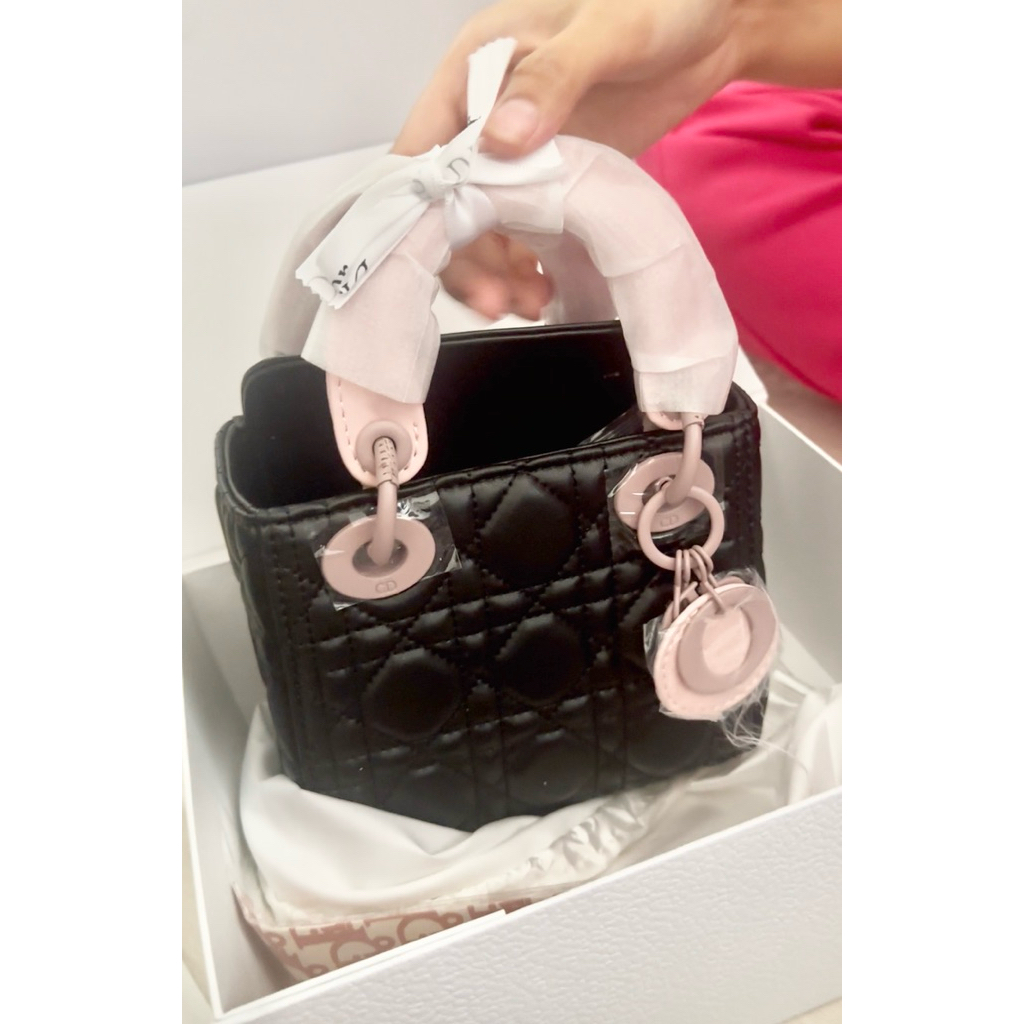 Mini Lady Dior Bag with Strap BLACK PINK