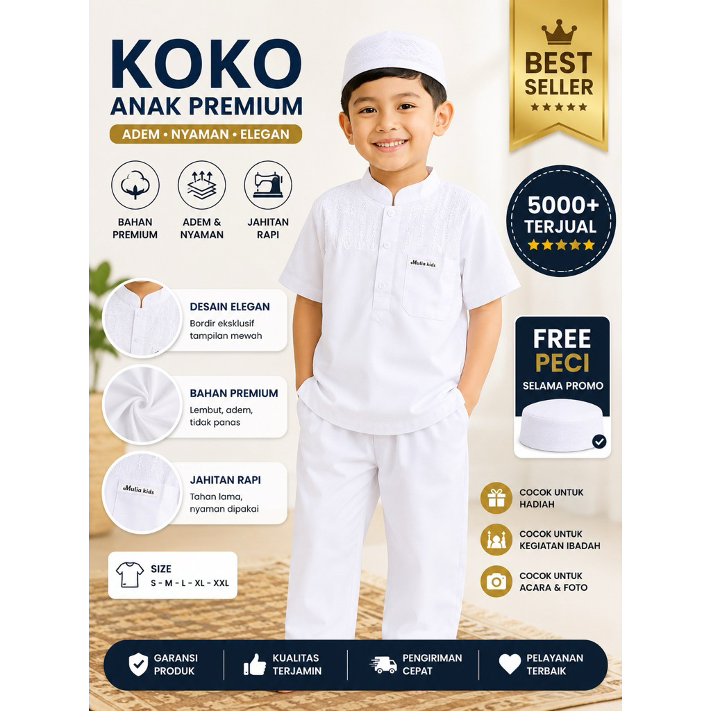 Setelan koko anak putih setelan putih manasik haji koko premium terlaris 4-13 tahun