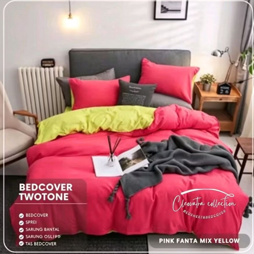 Bedcover set sprei aesthetic pink magenta-yellow,semua ukuran dan ringgi sprei twotone,