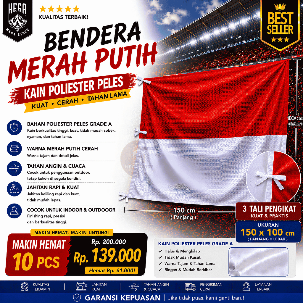 (10pcs) Bendera Merah Putih 150×100 cm – Kain Satin Peles Tebal, Tali Pengikat – untuk Tiang Rumah &