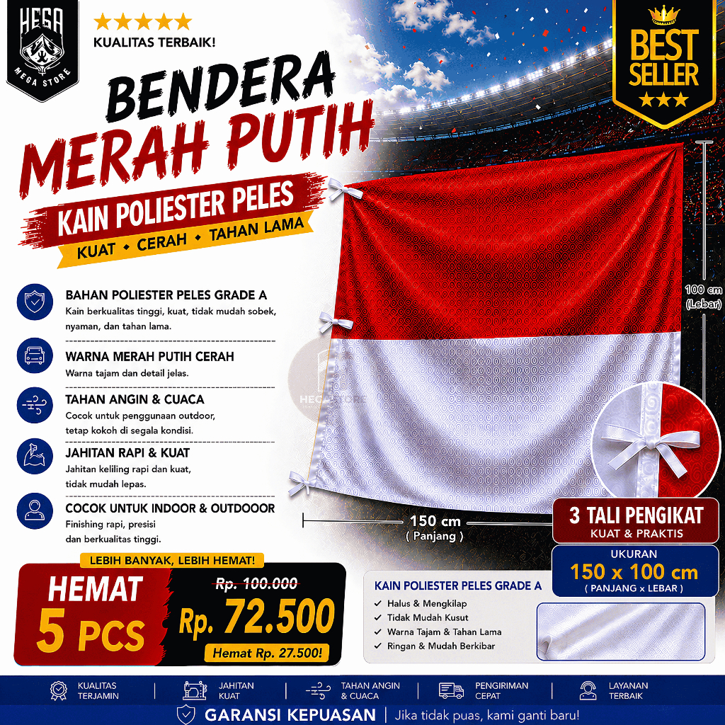 (5pcs) Bendera Merah Putih 150×100 cm – Kain Satin Peles Tebal, Tali Pengikat – untuk Tiang Rumah & 