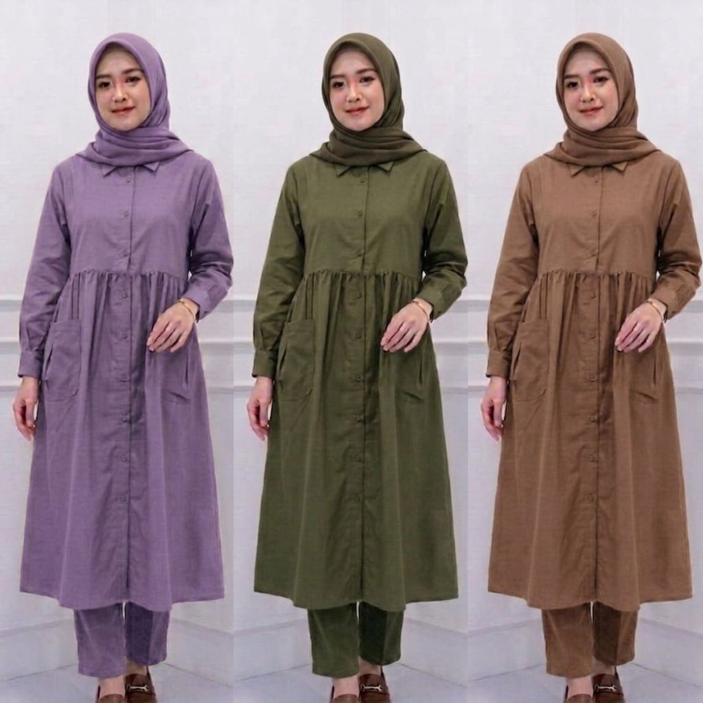 Elmira One set long tunik polos //setelan celana wanita dewasa long tunik full kancing bahan rayon t