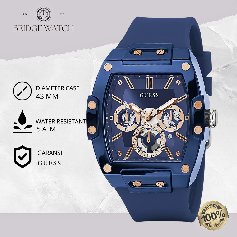 Jam Tangan Pria Guess Phoenix Chronograph Rubber Blue Sporty Casual Original GW0203G7