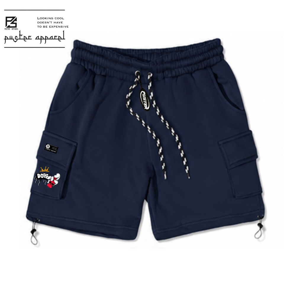 New Celana Pendek Cargo Pria Wanita Unisex Kekinian Bahan Lebut Adem Katun Fleece Biru Navy Cargo Pe
