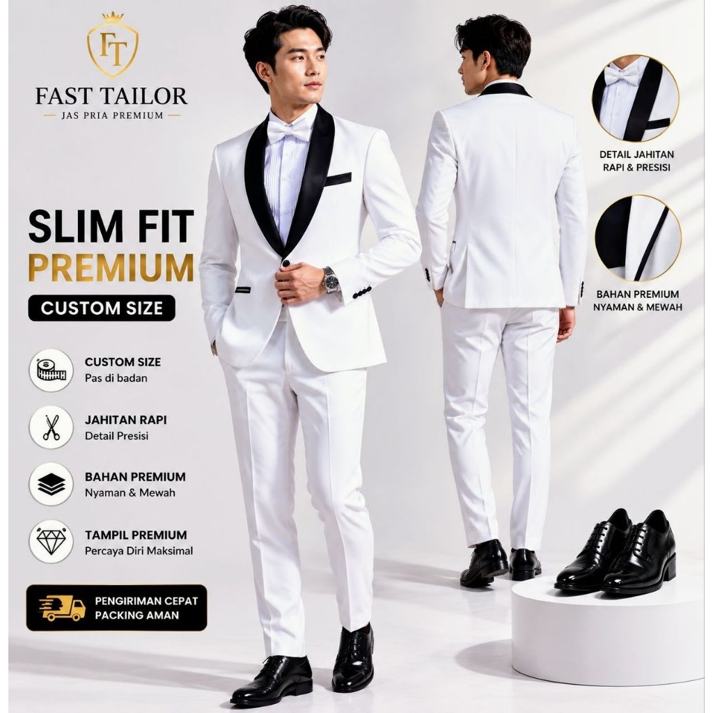 Jas Pria Slim Fit Premium Putih Blacklist Wedding Wisuda Custom Size