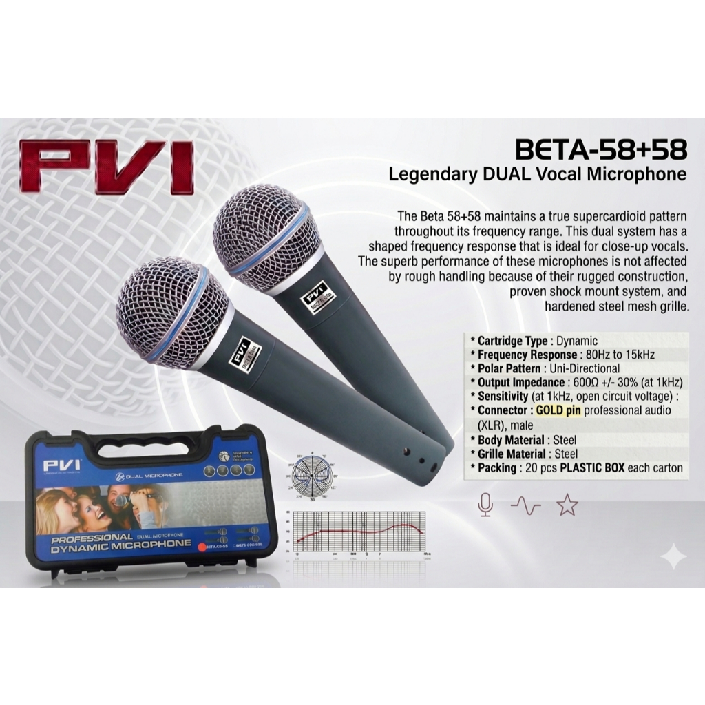 PVI Beta 58+58 / 58s+58s Dual Microphone Professional Dynamic