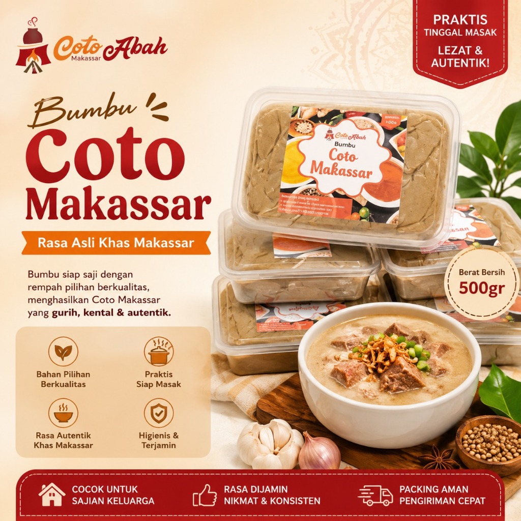Coto Makassar | Coto Abah Bumbu Frozen 500gr | Sambal Taucho 150gr | Praktis Tinggal Masak