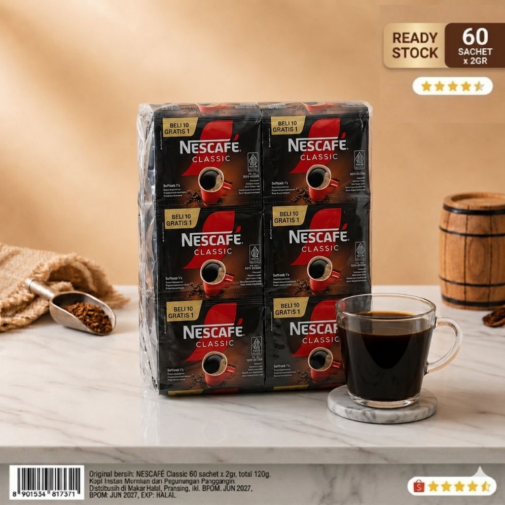 Nescafe Classic 60 Sachet - Kopi Murni 100% Tanpa Gula, Larut Cepat, Praktis