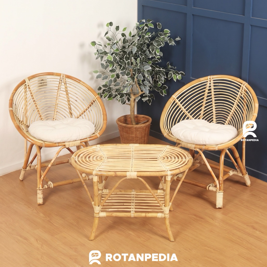 Kursi Teras Kerang Rotan 1 Set Besar | Kursi Taman Outdoor | Kursi Tamu Minimalis Rotan - Rotanpedia