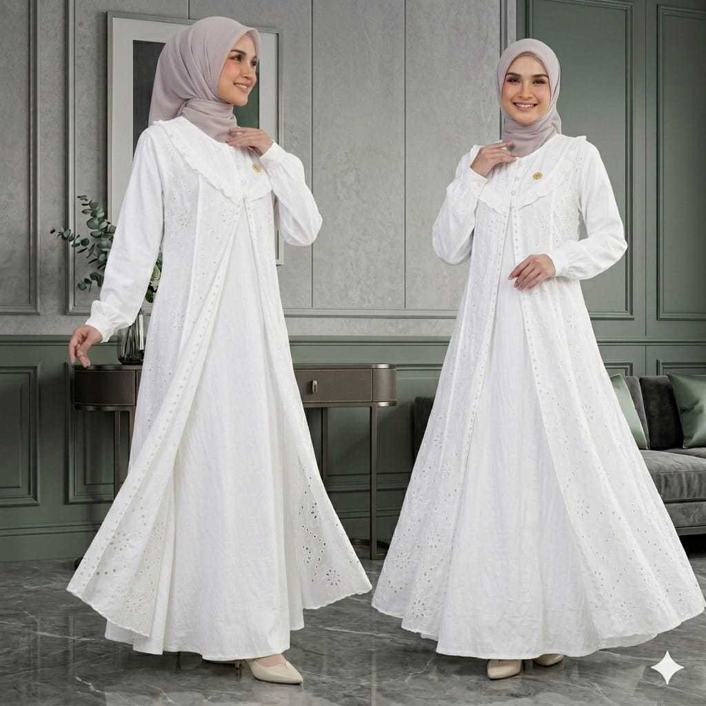 Dress Gamis Putih Tulang Naura Bahan Polo Linen Premium Kombinasi Katun Bolong Premium
