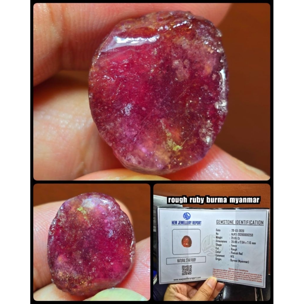 bongkahan asli Ruby delima Burma star + sertifikat lab