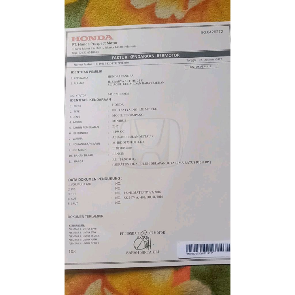 faktur kendaraan motor dan mobil