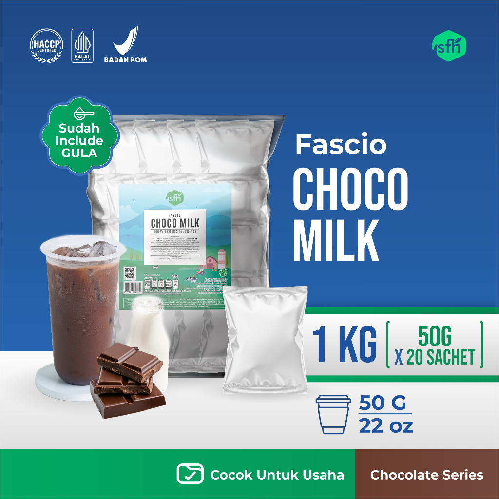 FASCIO - Bubuk Minuman Choco Milk 50 gr Isi 20 Pcs / Serbuk Minuman Rasa Coklat Susu Instan untuk Us