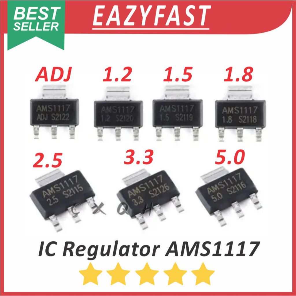 IC Chip DC Voltage Regulator AMS1117 ADJ 1.2 1.5 1.8 2.5 3.3 5 V Volt 1A 1 A Ampere AMS 1117 SMD SOT