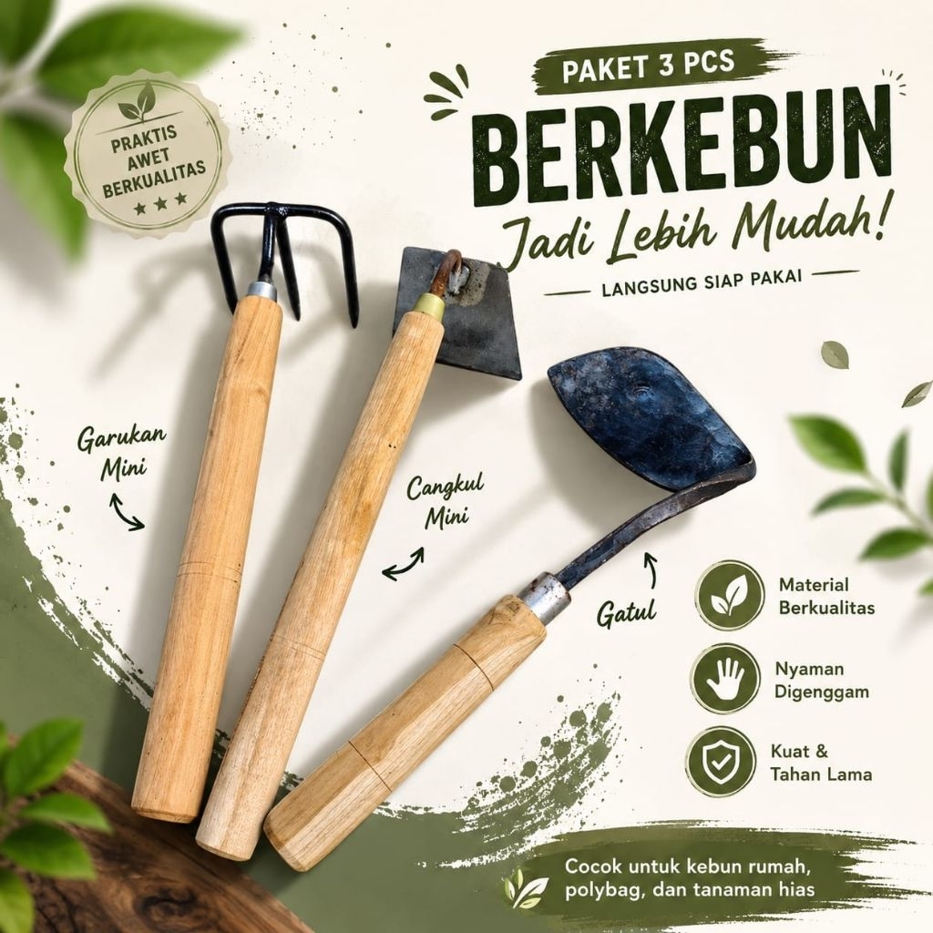 Cangkul Mini Set Isi 3 PCS Serbaguna - Wangkil Pacul Mini 3in1  - Cangkul Berkebun Bahan Plat Baja -