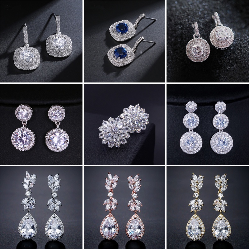 Anting Tusuk Pengantin Zirkon Bahan Tembaga Berbagai Model Elegan untuk Pernikahan Wisuda Pesta