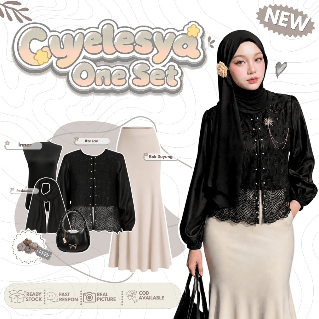 NEW Ciyelesya One Set Wanita Setelan Muslimah Brukat Satin Premium Inner Celana Scuba Rok Duyung Pas