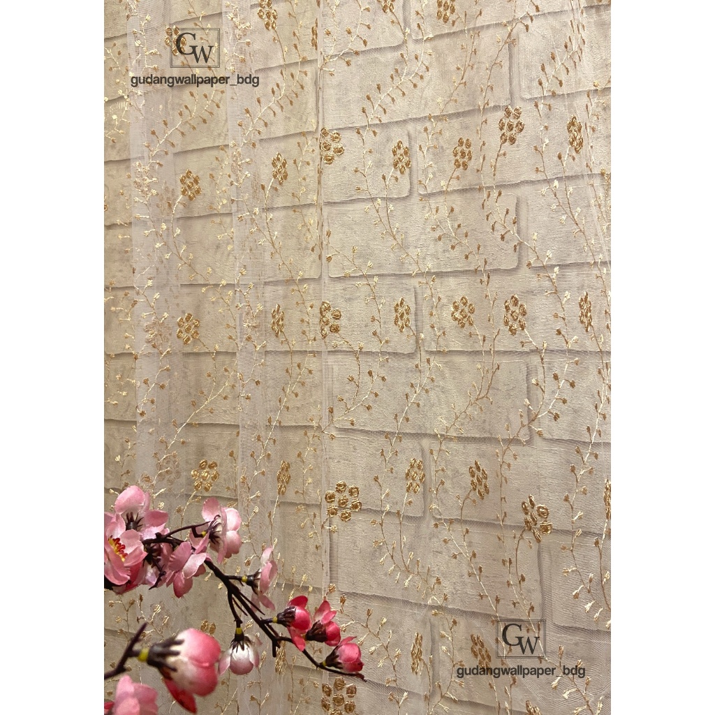 Vitrage Vitrase Gorden Premium Naya Klasik Bordir Turkey Motif Bunga Warna Gold dan Putih  (1 PCS)