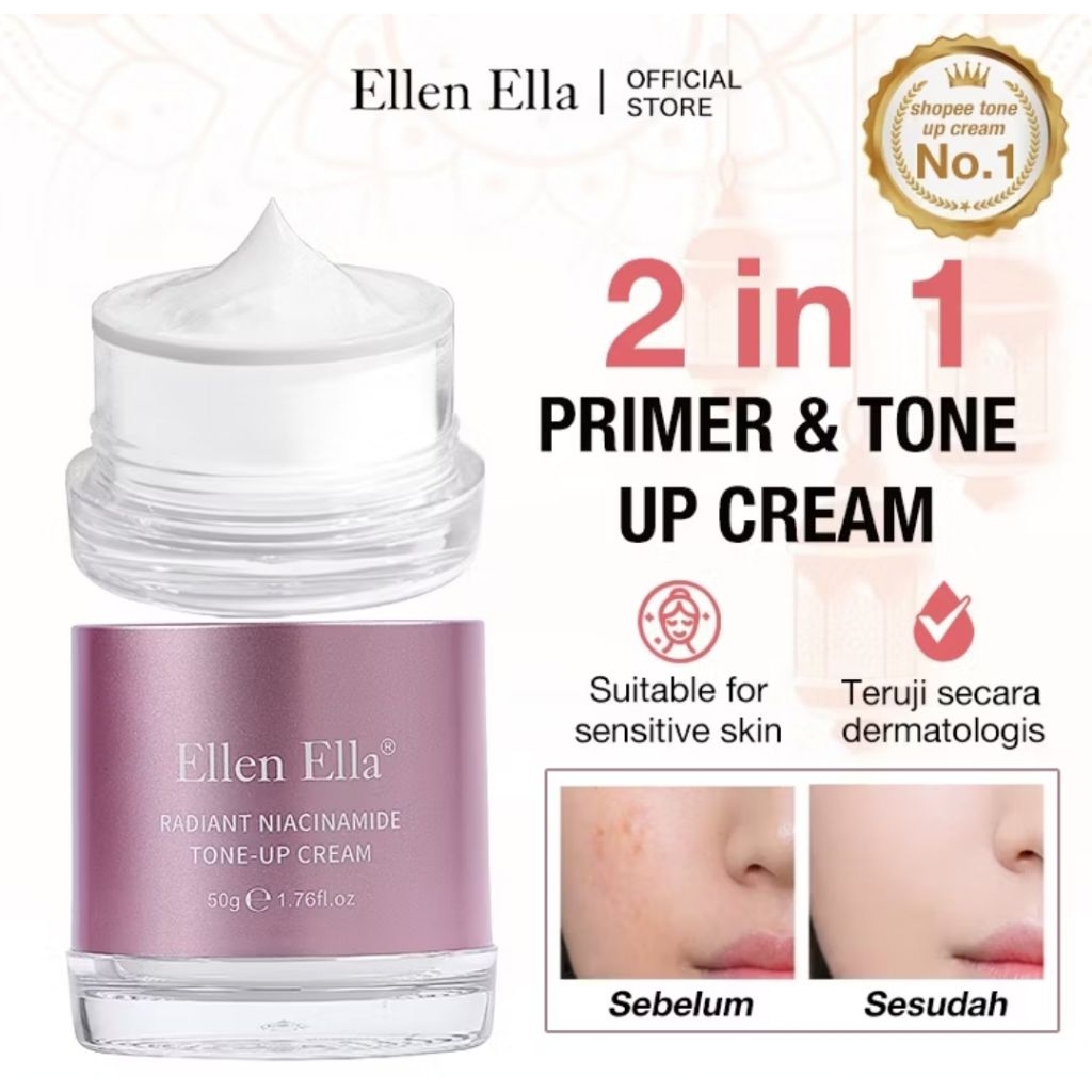 Promo  ELLEN ELLA 3 in 1 Niacinamide Tone Up Cream 50g SPF25+ PA++ Moisturizing Sunscreen