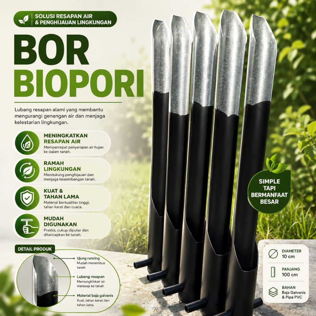 Bor Biopori Manual Alat Pelubang Tanah Sumur Resapan Kebun Sawah Baja Tebal Kuat Awet Tahan Lama