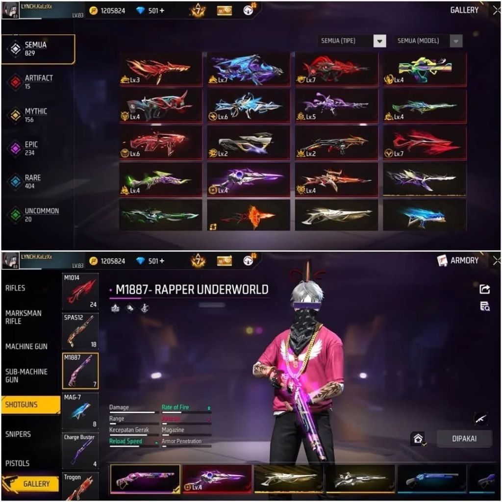 AKUN FF SULTAN-LEVEL TINGGI, SKIN LENGKAP READY AKUN FF MURAH-BAGUS FULL SKIN