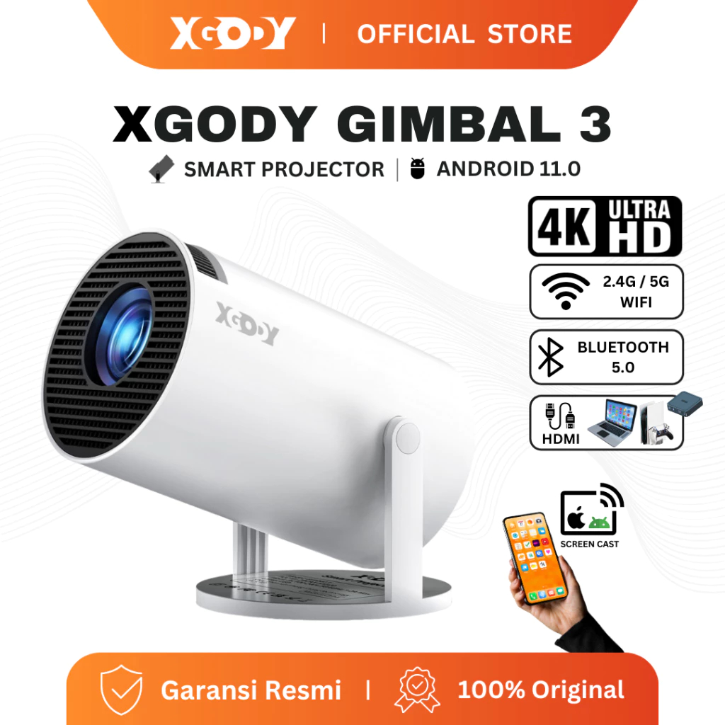 XGODY Gimbal 3 Smart Proyektor LCD Android 11 -720P -Auto Keystone -Netflix - YouTube - 220 ANSI