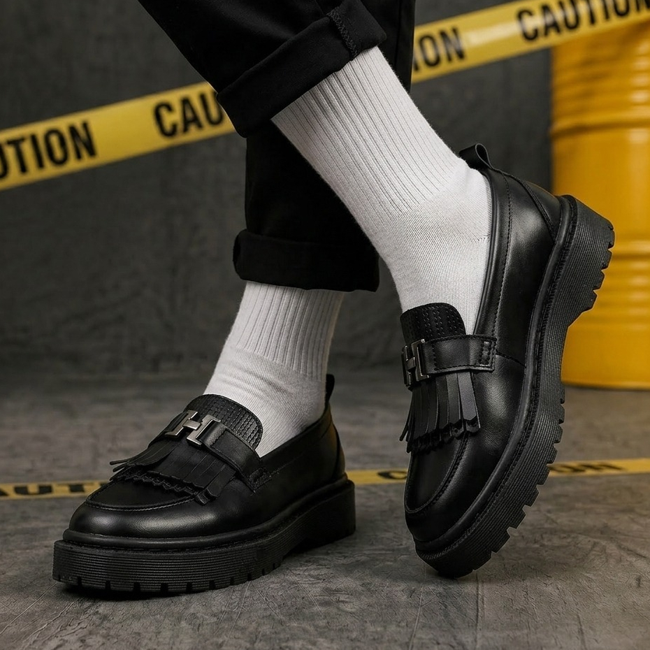 Sepatu Pantofel Chunky Pria Fprmal Loafers Hitam Sole Tebal