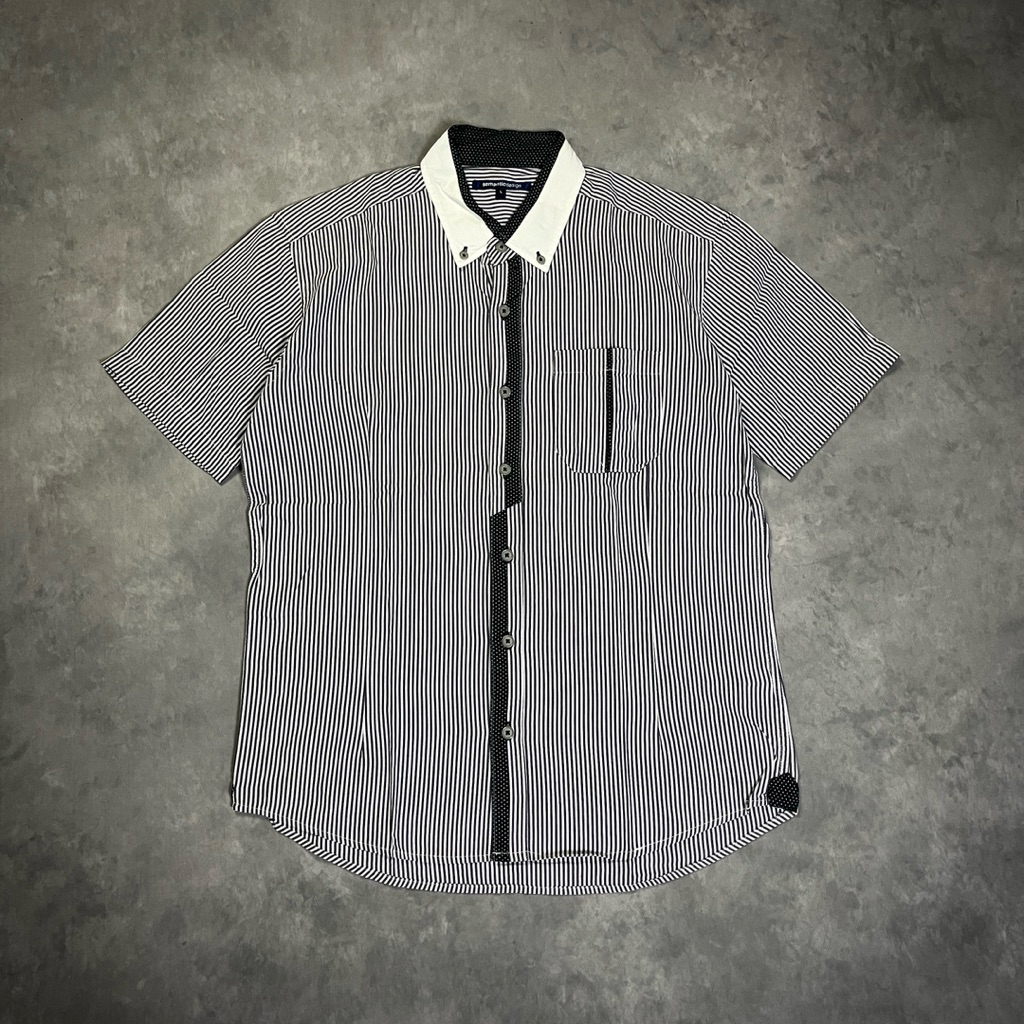 2000s Semantic Design Japanese Brand Stripe Short Sleeve Shirt | Original Branded | Kemeja Kantor