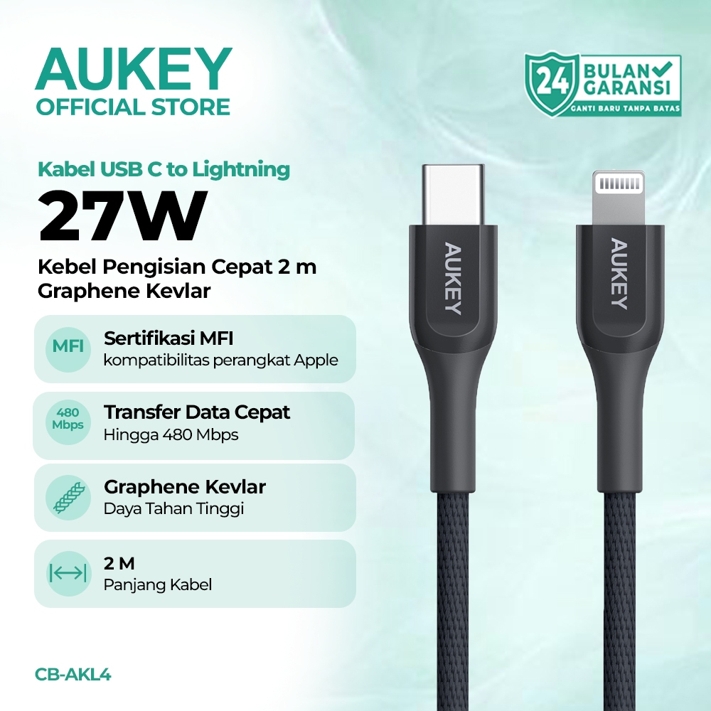AUKEY Kabel Charger 27W USB C to Lightning MFI Kevlar Core Fast Charging iPhone CB-AKL4