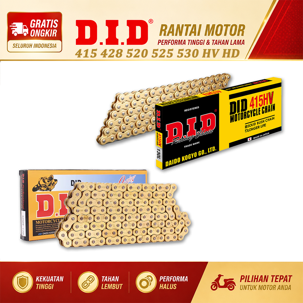 Rantai sepeda motor DID berkualitas tinggi 415 428 520 525 530 HV HD, rantai sepeda motor bertebalan
